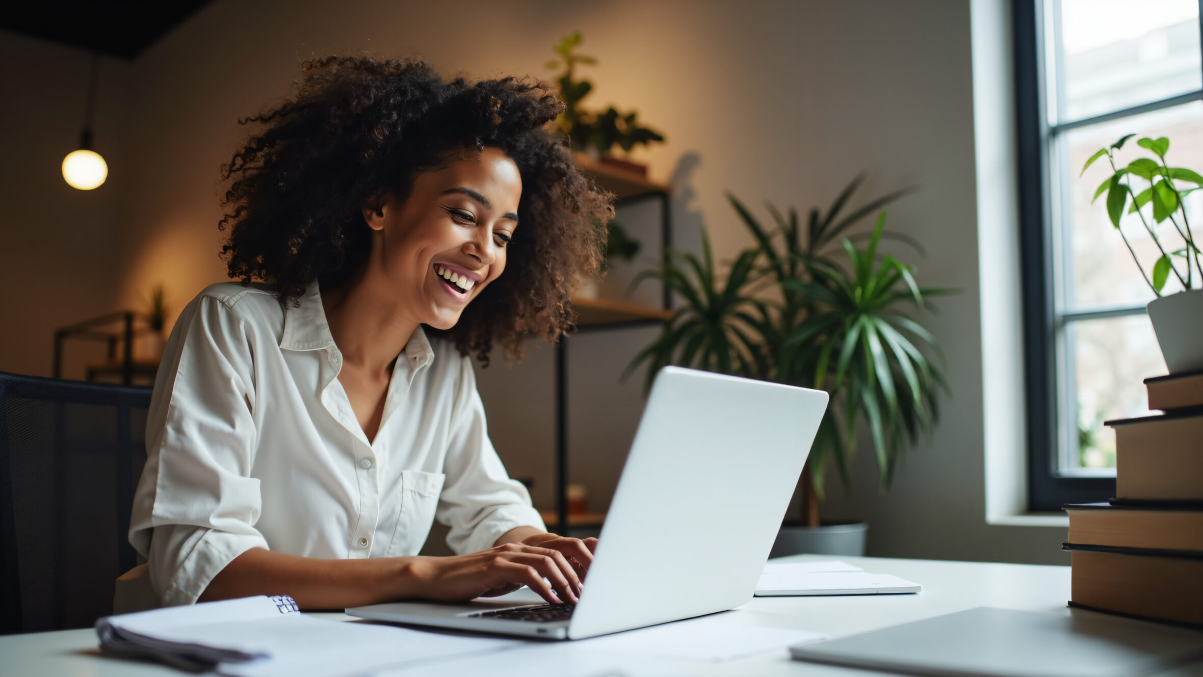 Woman typing on laptop in office: Creative professional planning content for media company, inspiring writer's workflow