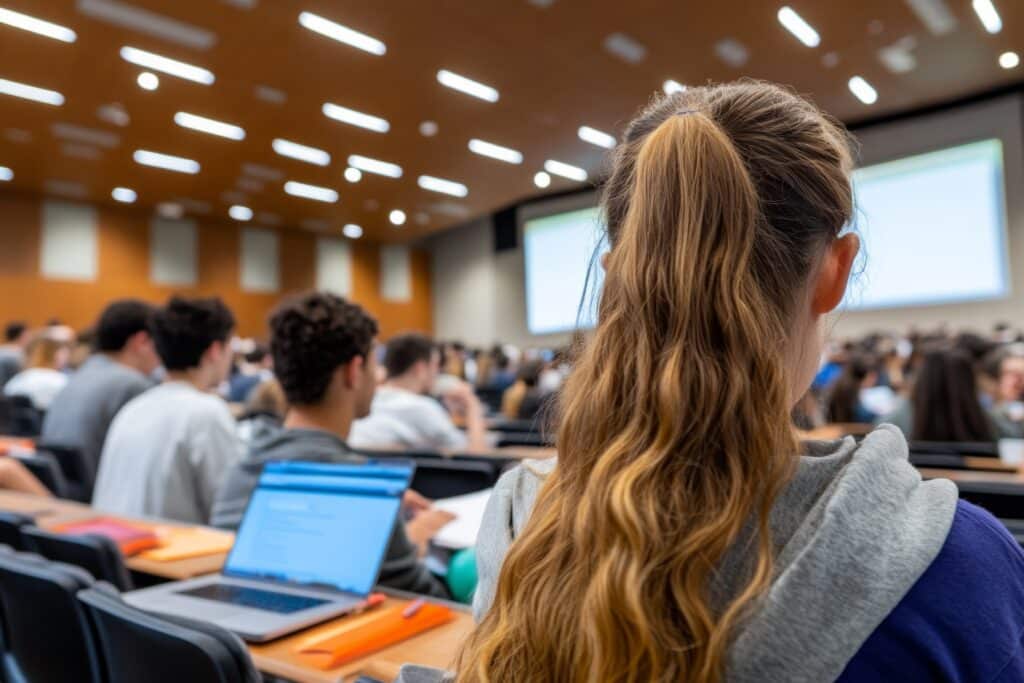 A vibrant college lecture hall filled with attentive students during an engaging class session in the afternoon