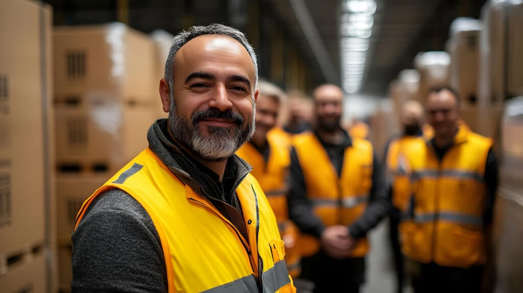 A warehouse worker in a yellow safety vest smiles at the camera.