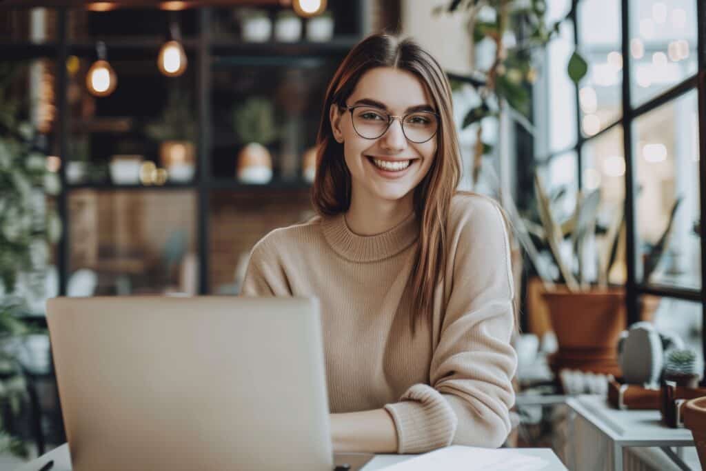 In a college library researching information via laptop computer, a smart young woman is satisfied with learning language using a netbook to take online courses.