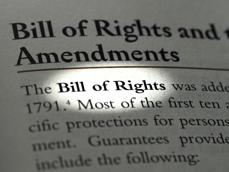 Bill of rights and amendments written in legal textbook