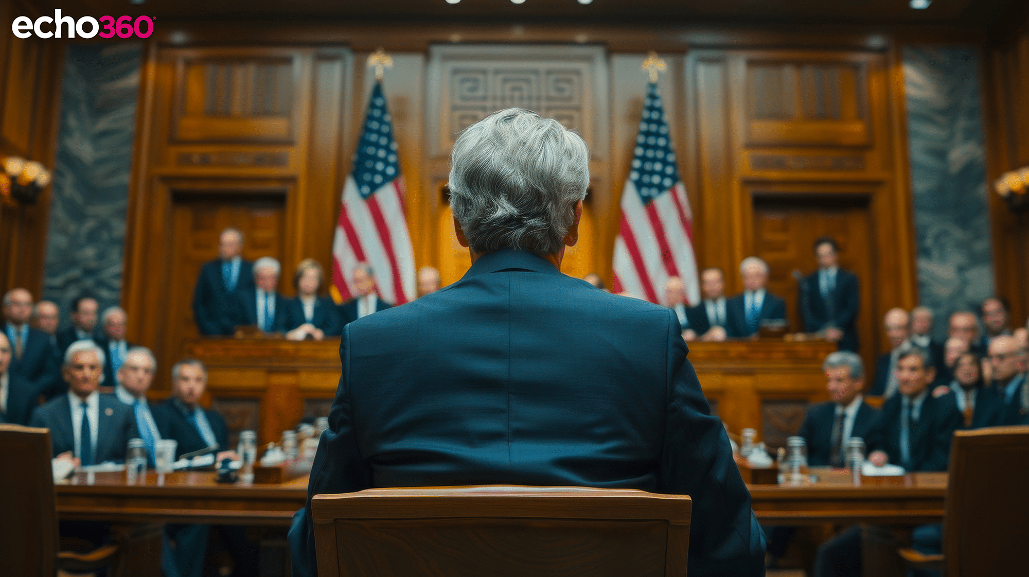 A Federal Reserve official testifying before Congress, with American flags and government officials in the background, highlighting the significance of economic policy discussions.