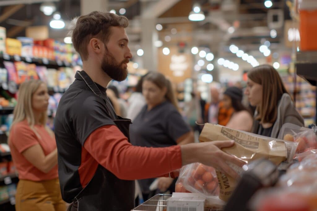 A man making a payment at a grocery store, scanning items at a self-checkout station in a busy supermarket setting.