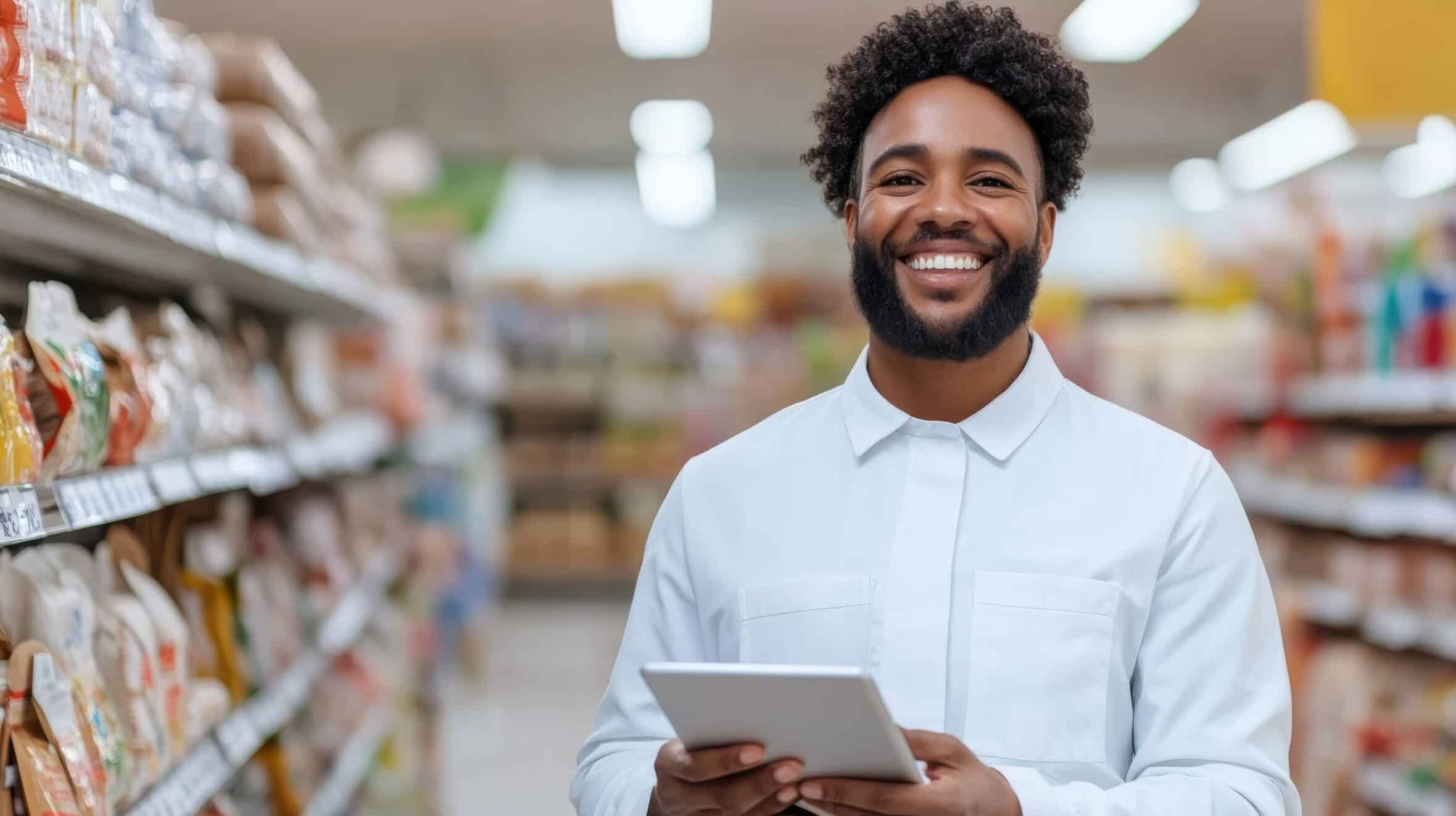 A man wearing a white shirt in a grocery store, holding a tablet while smiling warmly, standing amidst aisles full of diverse food products and packages.