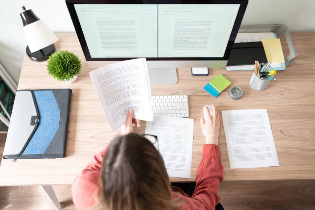 Female translator working on a document