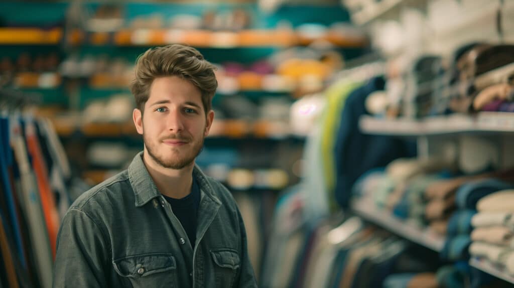 Portrait of a seller at wear shop, blurred shelves in the background