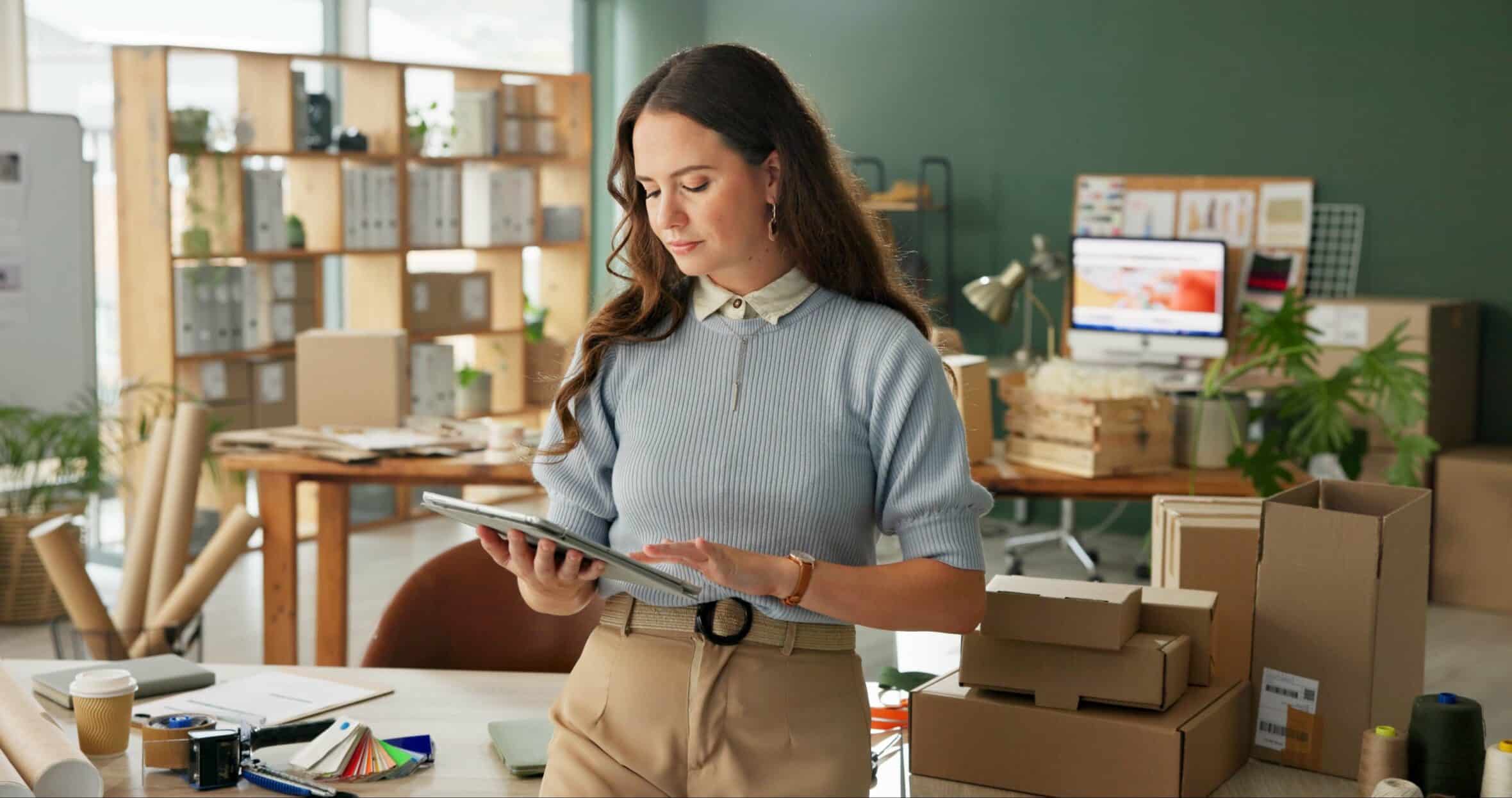 Shipping, small business and woman with tablet for stock check, order and inventory management. Logistics, technology and person at ecommerce startup store for sme delivery with retail seller online