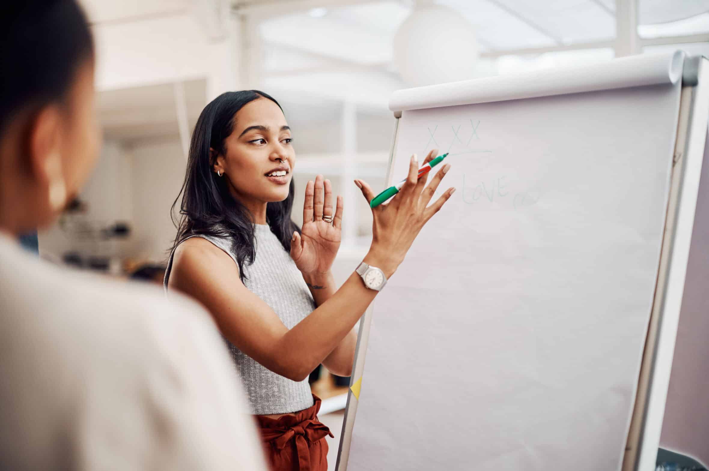 Woman, mentor and whiteboard in office for training, teaching and learning for skill or career development. People, employee and coach or leader at workshop with internship program and motivation