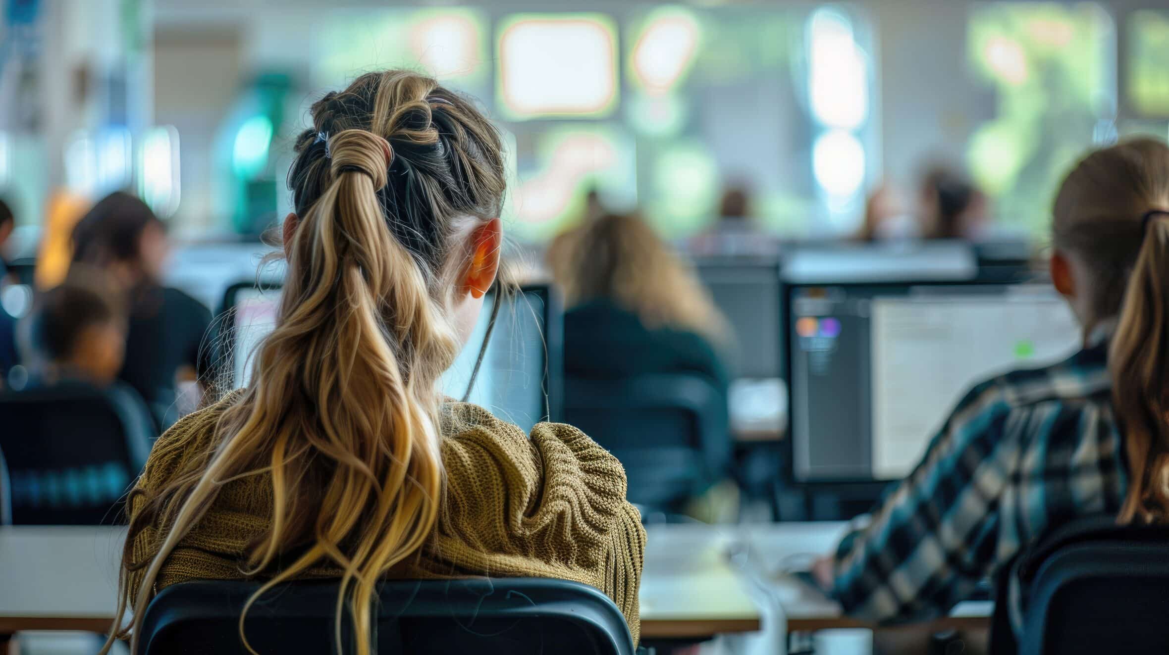 Rear view of female high school student learning computer programing during IT class in the classroom