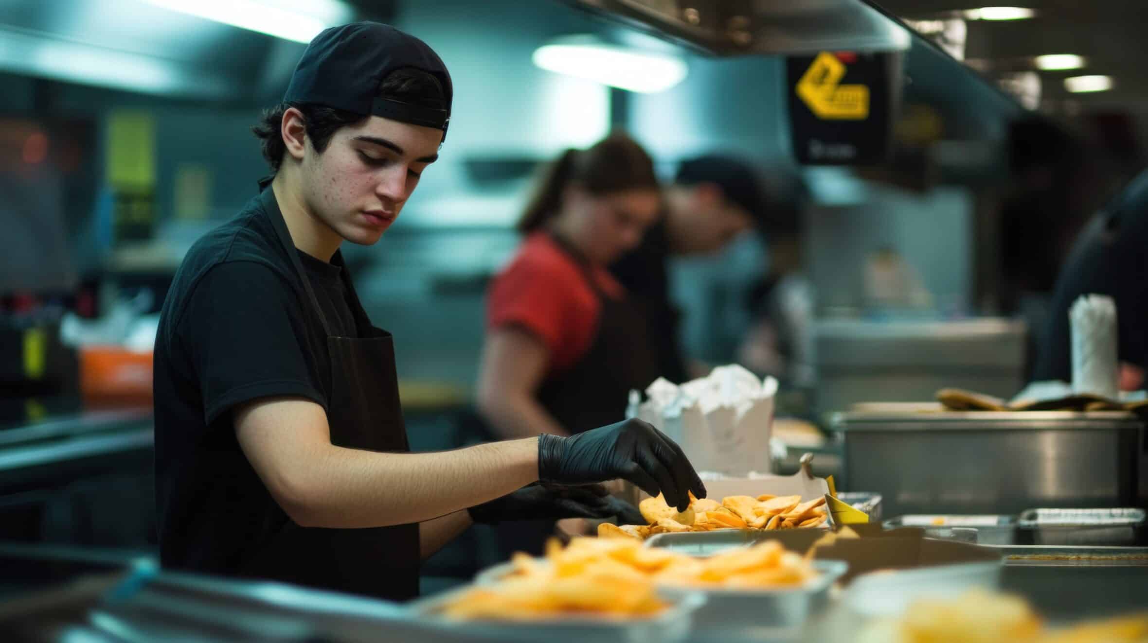 Close-up A student works at a fast food restaurant, preparing and packing food orders. Ai generated image