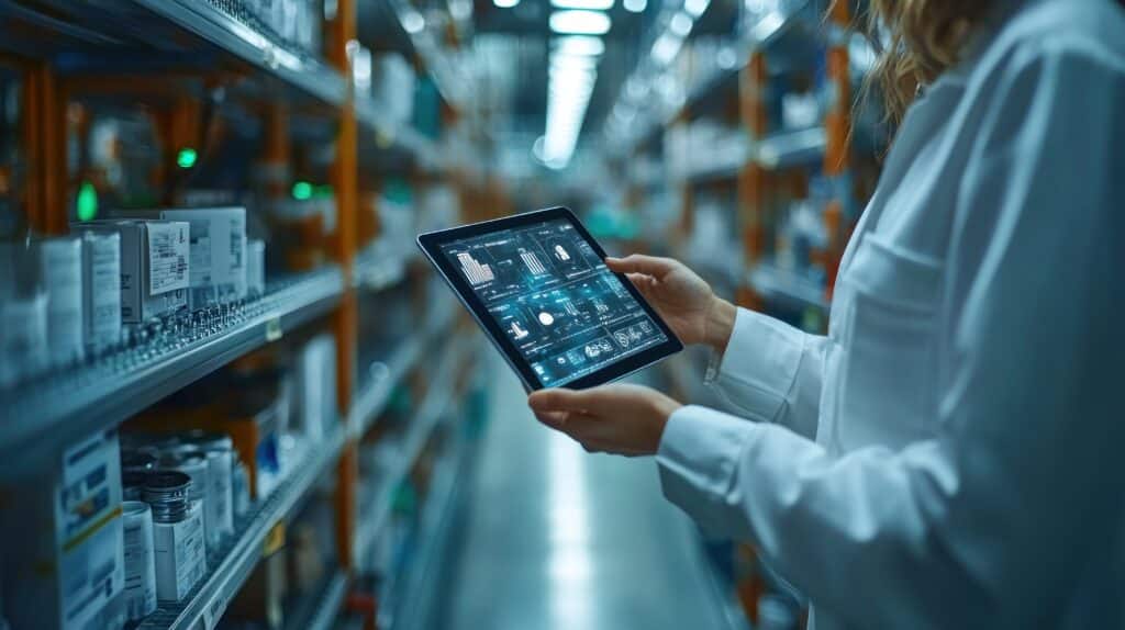 Woman Using a Tablet in a Warehouse