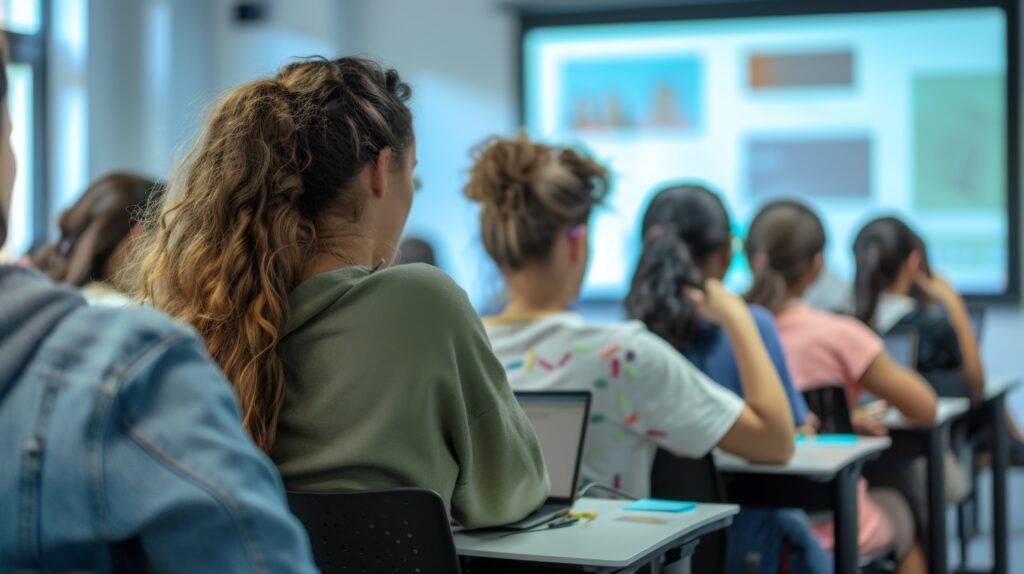 A classroom with students learning about technology and digital skills, preparing for a tech-driven workforce.