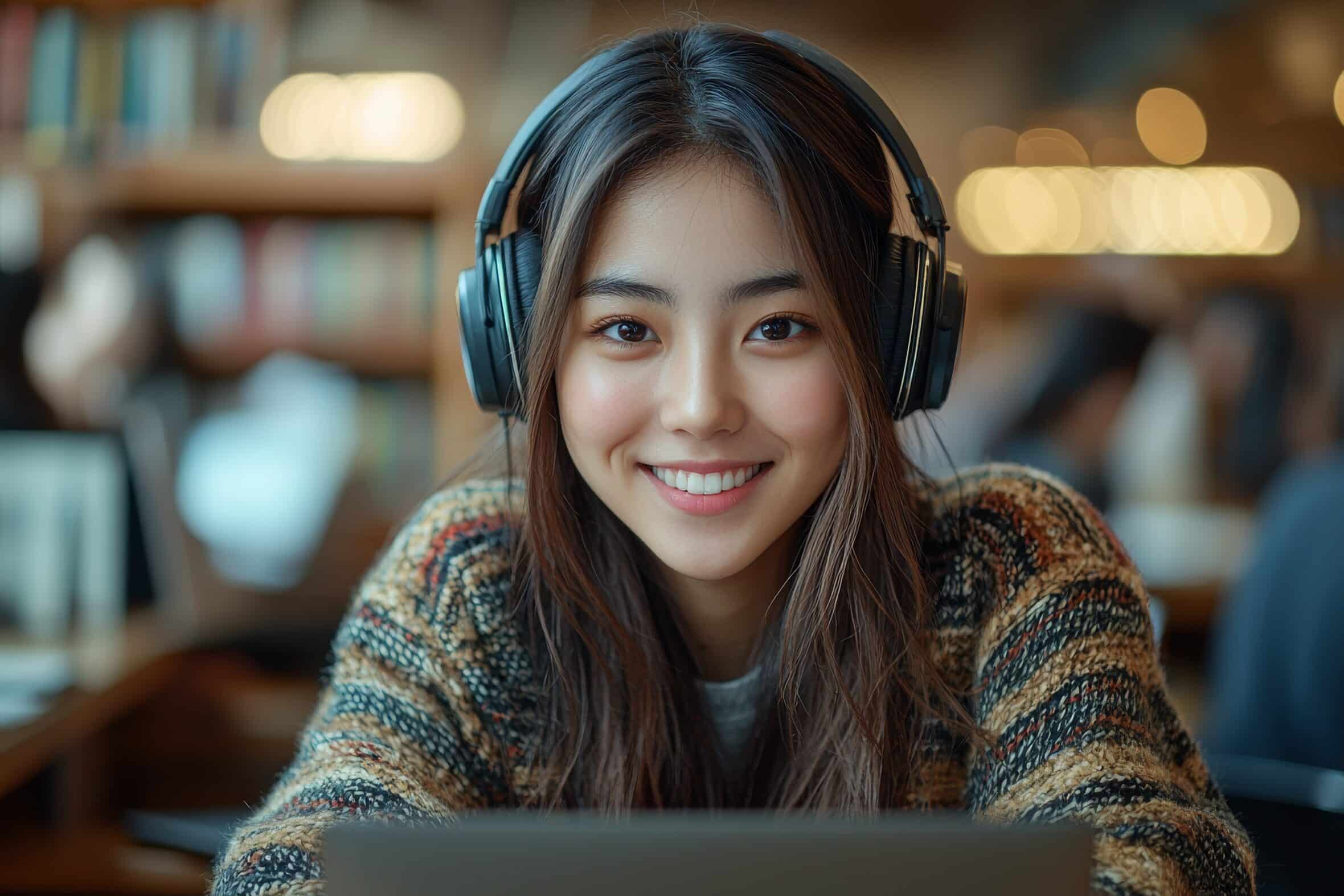 A cheerful young Asian girl student, equipped with wireless headphones, takes notes in her notebook as she studies a language online. She attends a webinar and listens to the lecturer through a video