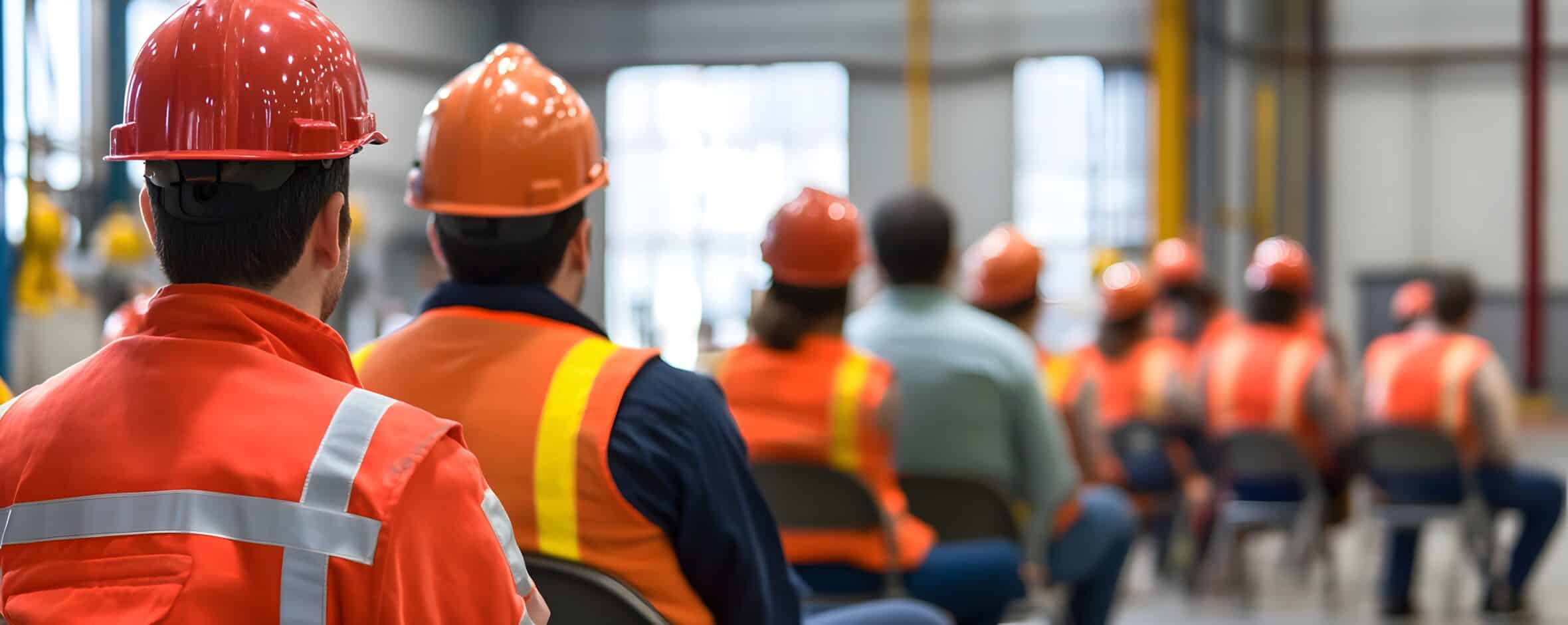 A group of construction workers in safety helmets and vests attending a training session in an industrial environment.