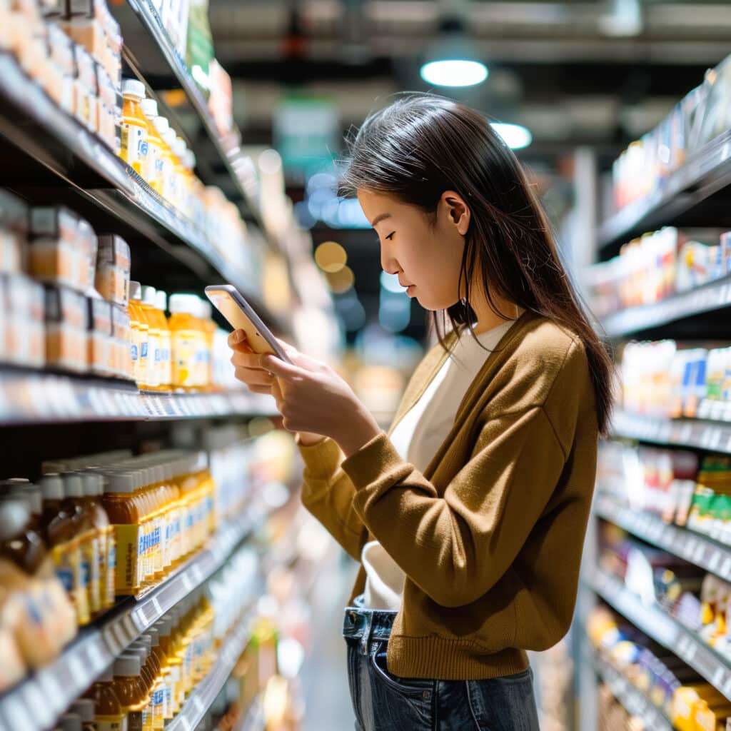 female manager using tablet at supermarket