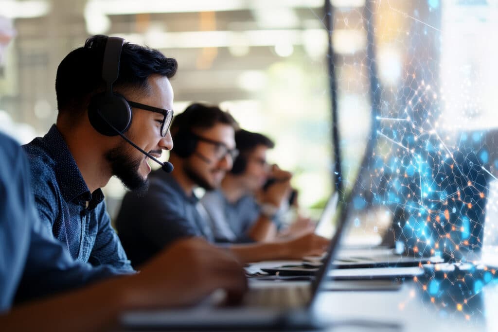 Happy call center staff working . AI generative.