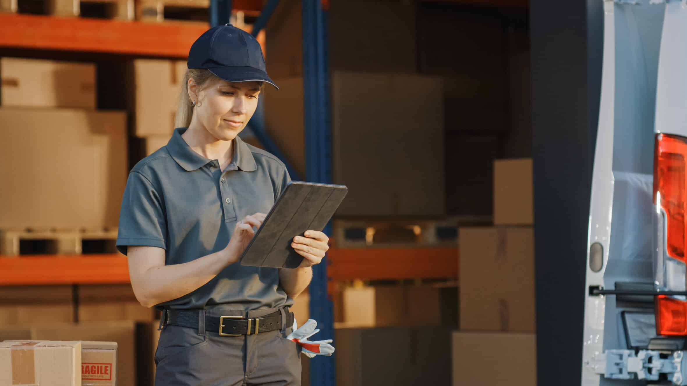 Portrait of Beautiful White Woman Worker Using Tablet Computer To Check Inventory. Happy Professional Working in Logistics Retail Center, Delivering e-Commerce Online Orders, Food, Frontline Heroes