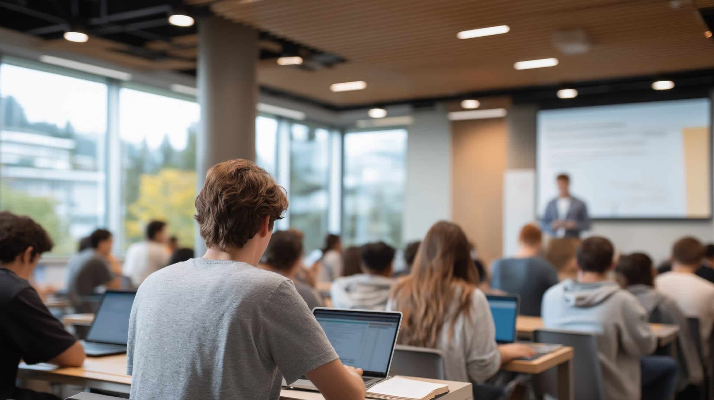 Student classroom scene with diverse learners attentively engaging in lecture, using laptops, with instructor presenting information on screen in modern educational environment