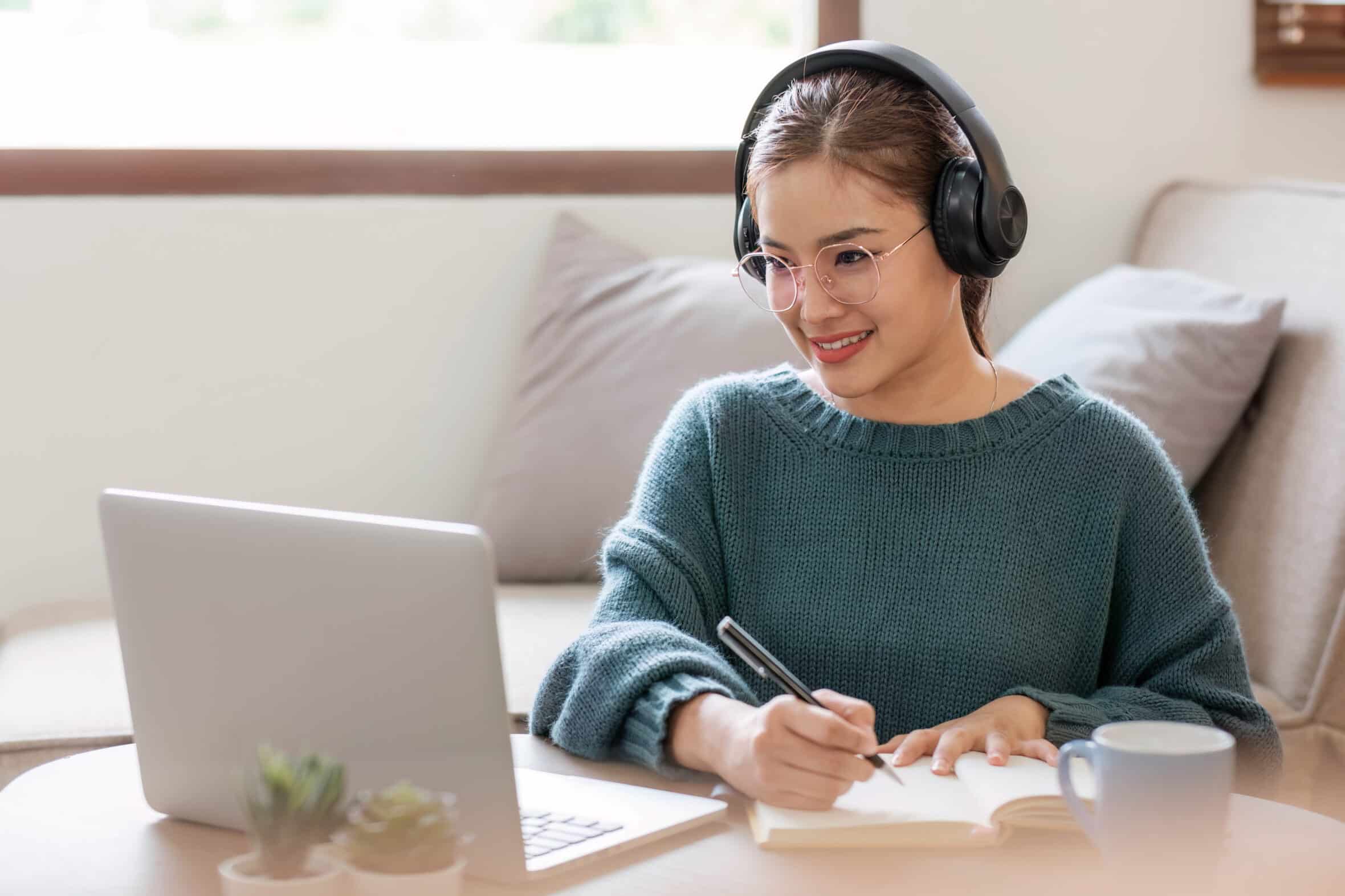 Asian girl student online learning class study online video call zoom teacher, Happy asian girl learn english language online with computer laptop....