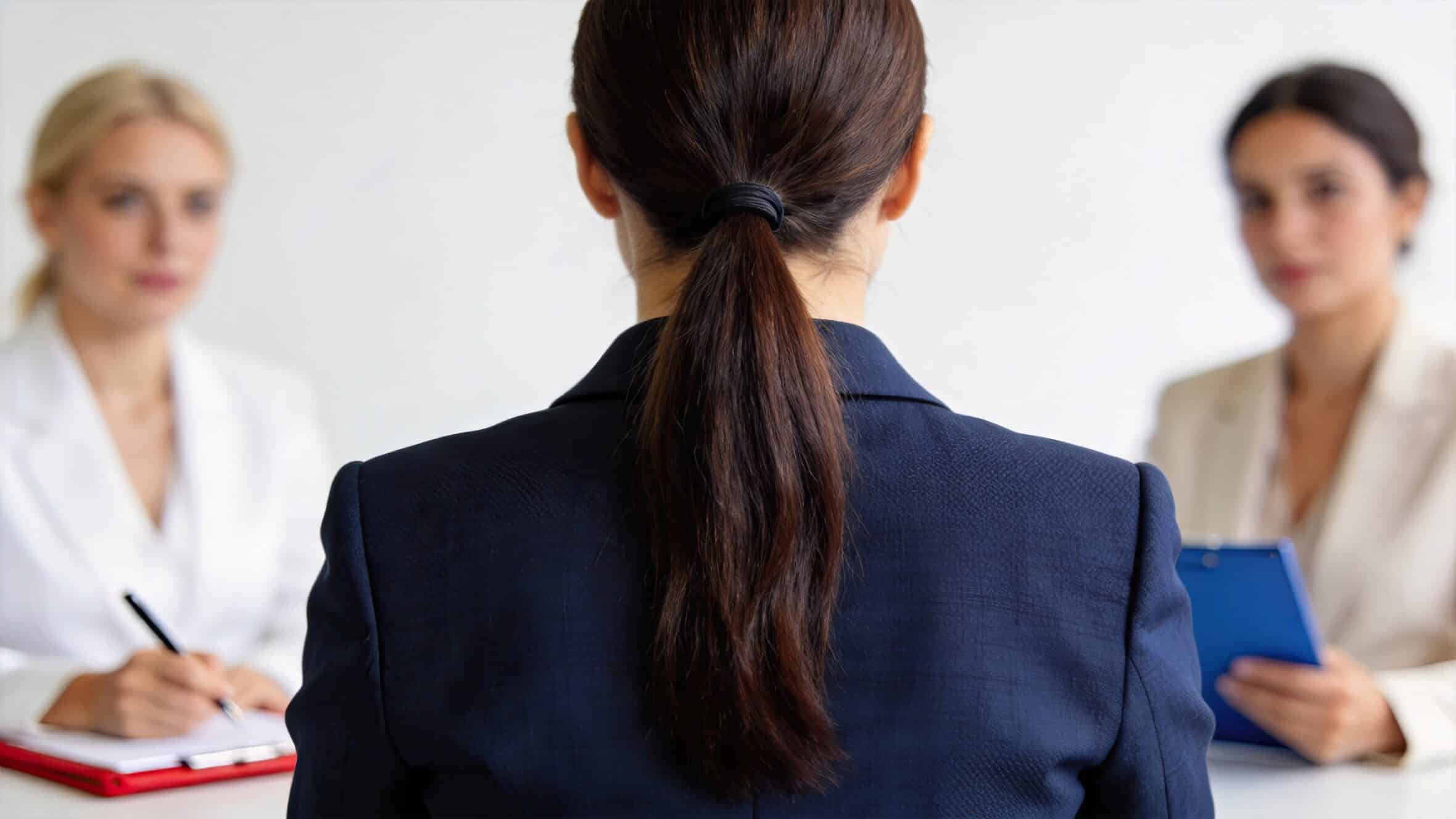 Female candidate sitting in front of two interviewers during a professional job interview, human resources recruitment and career opportunity concept.
