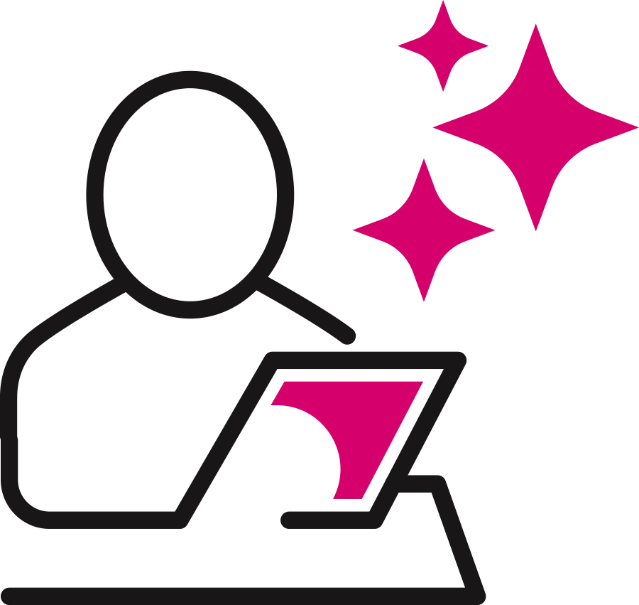 Illustration of a professional working at a laptop, with pink sparkles
