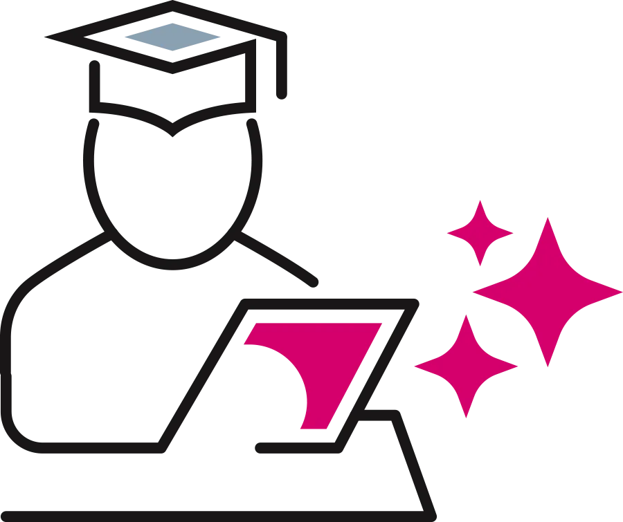 Illustration of a graduate in a mortarboard cap working at a laptop, with pink sparkles